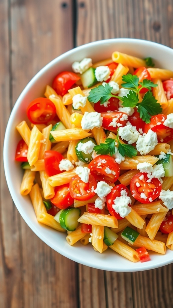 A colorful garden pasta salad with tomatoes, cucumbers, bell peppers, and feta cheese in a bowl on a wooden table.
